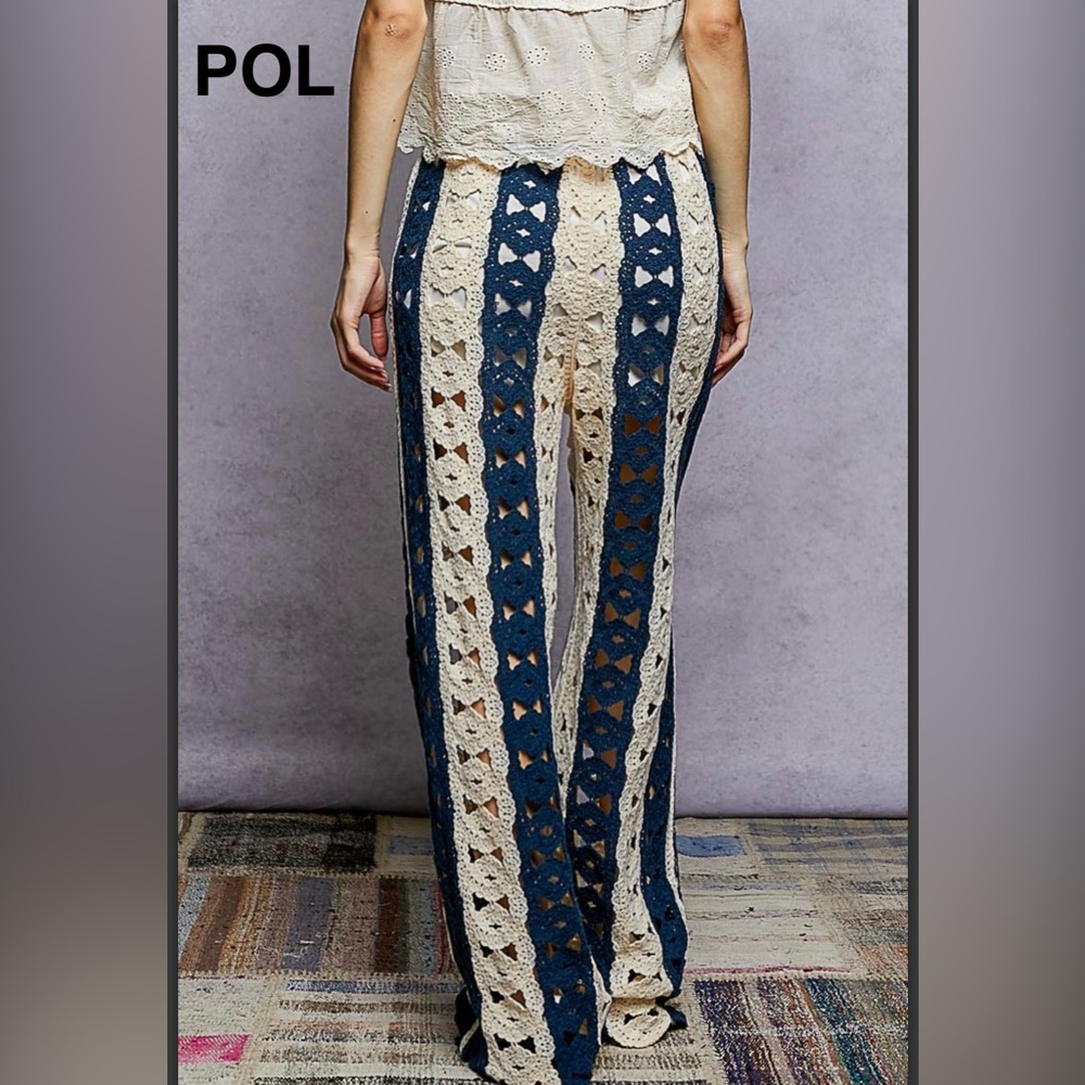 BPB224-9💙🤍NEW! POL preppy+ sassy Blue and Cream Crochet straight leg Pants wow - Picture 2 of 6